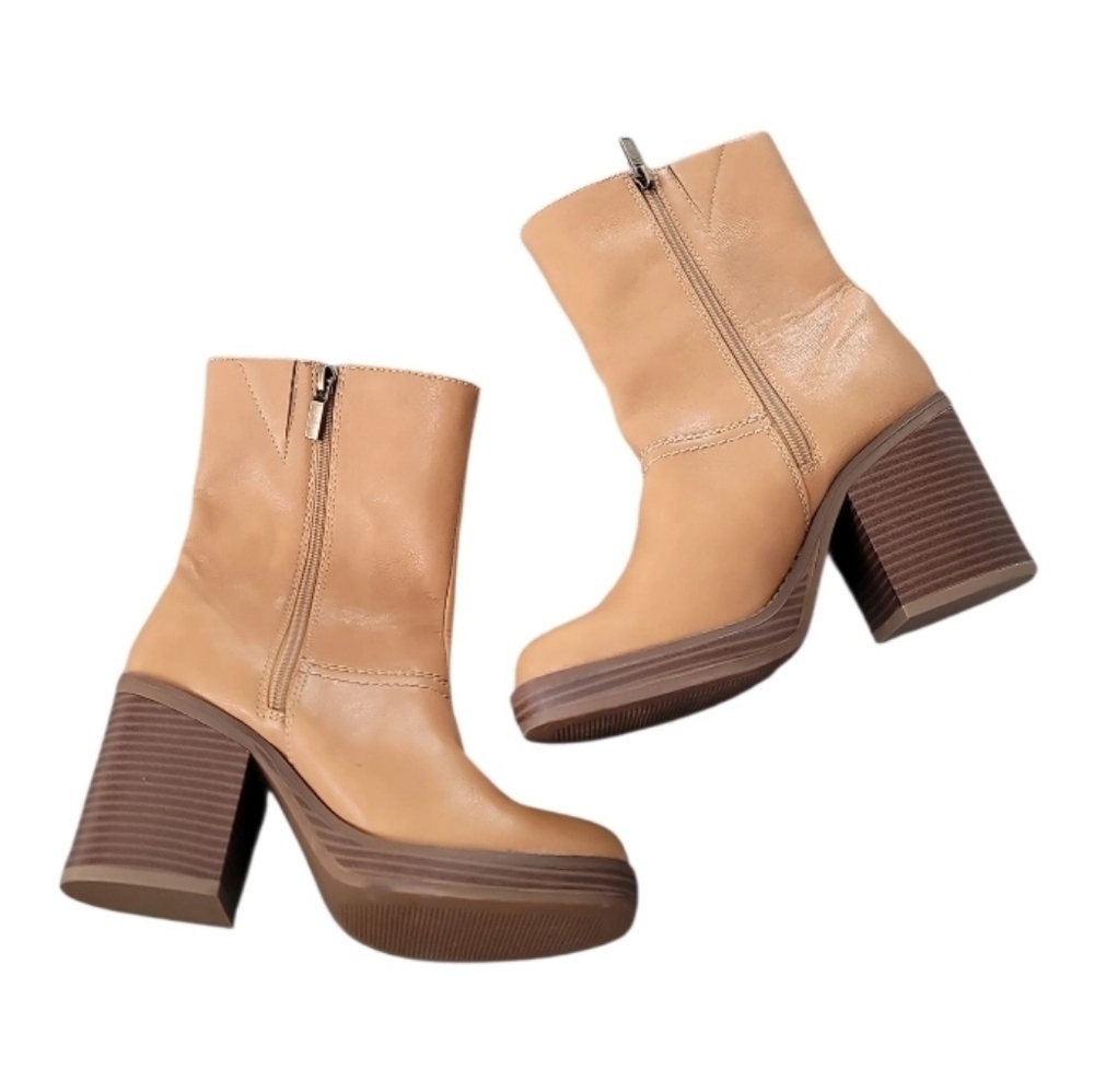 Sun + Stone Tan Camel Block Heeled Ankle Boots Size 5 - Picture 2 of 7